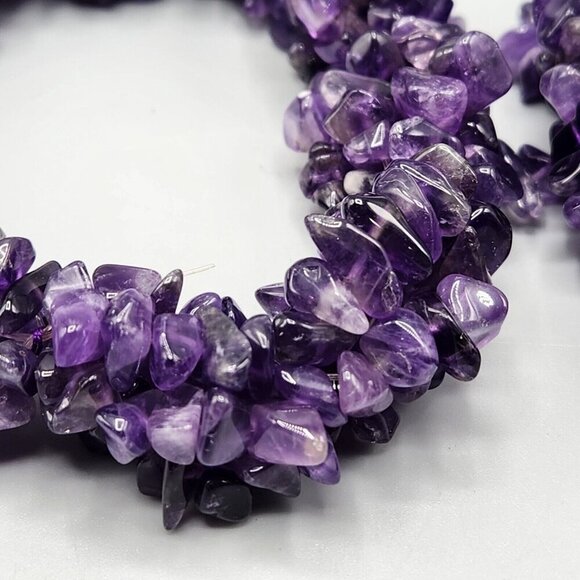 Amethyst Chip Bracelet Pair One Size Stretchy Purple Semi-Precious Stone Chunky - Picture 2 of 8